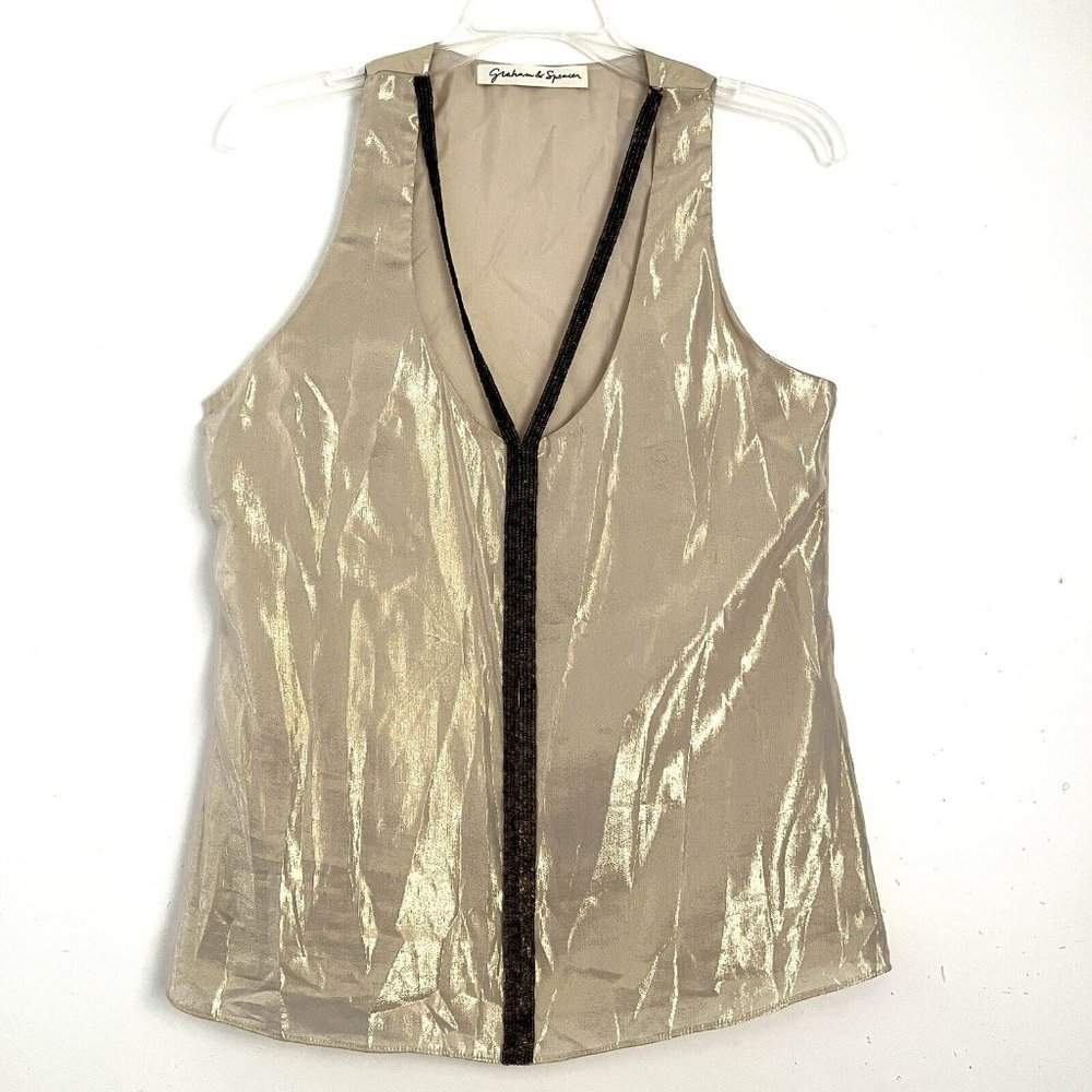 Graham & Spencer Size S Top Gold Silk Lurex with Sequin Straps Racerback Lined